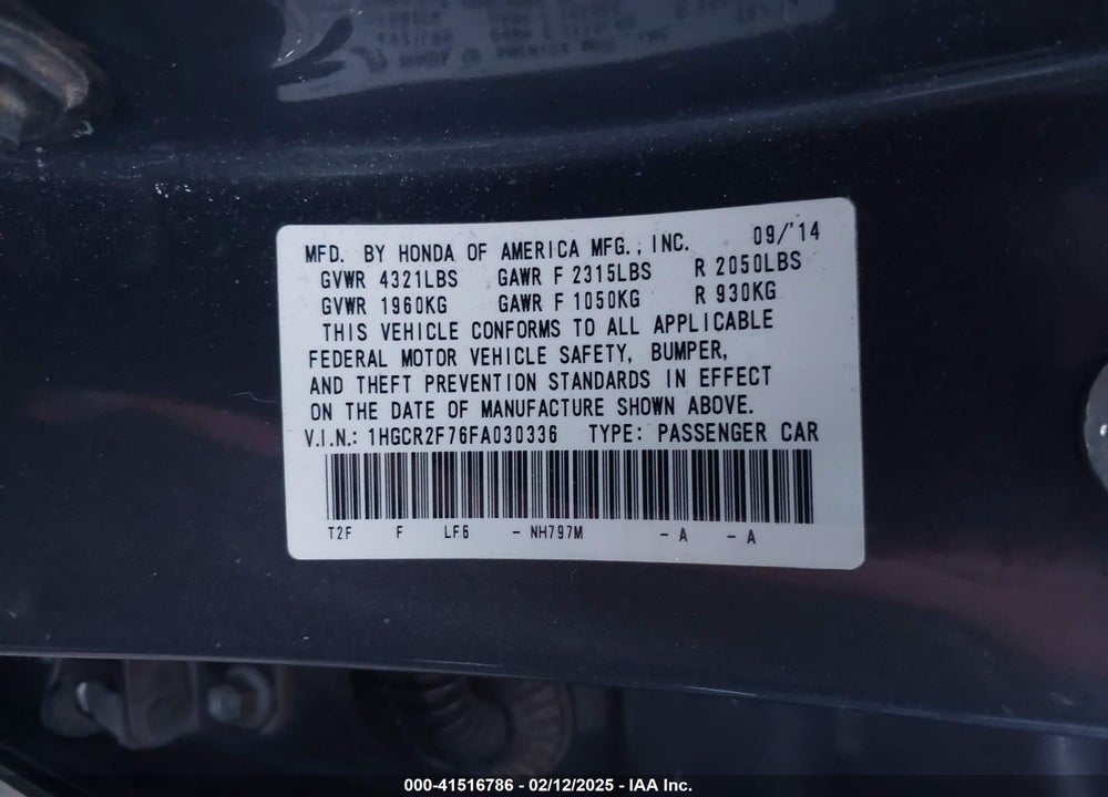 2015 HONDA ACCORD VIN: 1HGCR2F76FA030336
