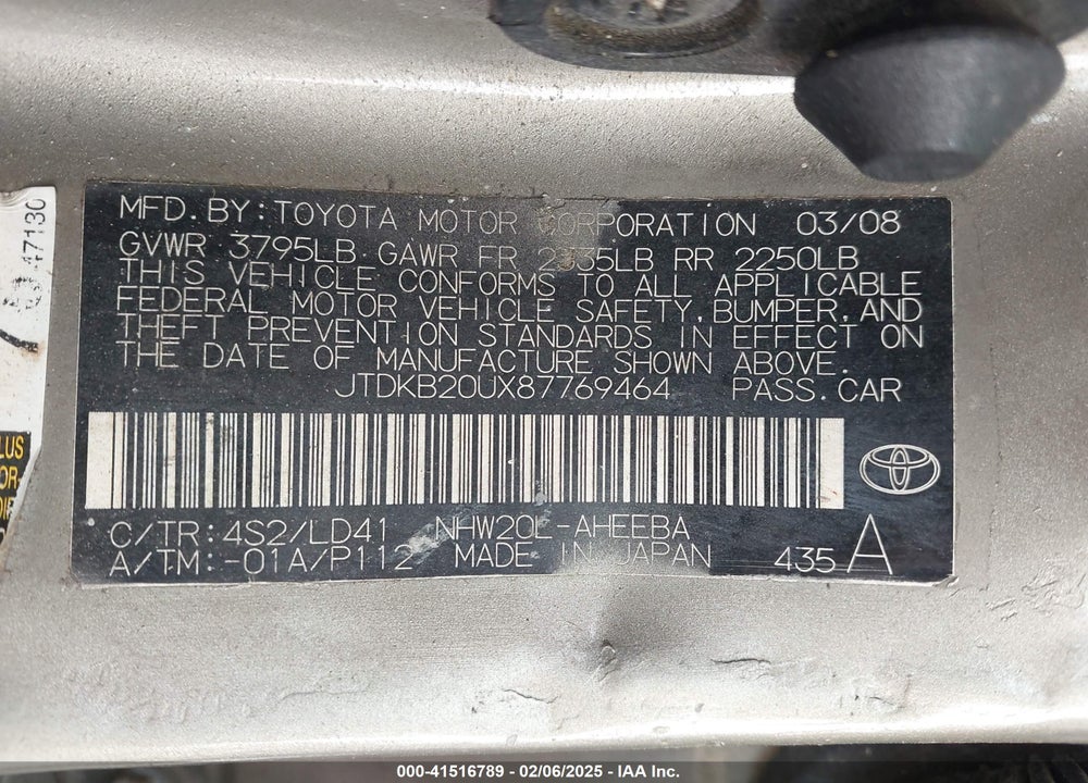 2008 TOYOTA PRIUS VIN: JTDKB20UX87769464