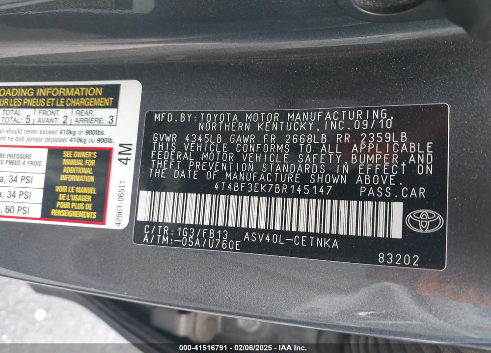 2011 TOYOTA CAMRY LE VIN: 4T4BF3EK7BR145147