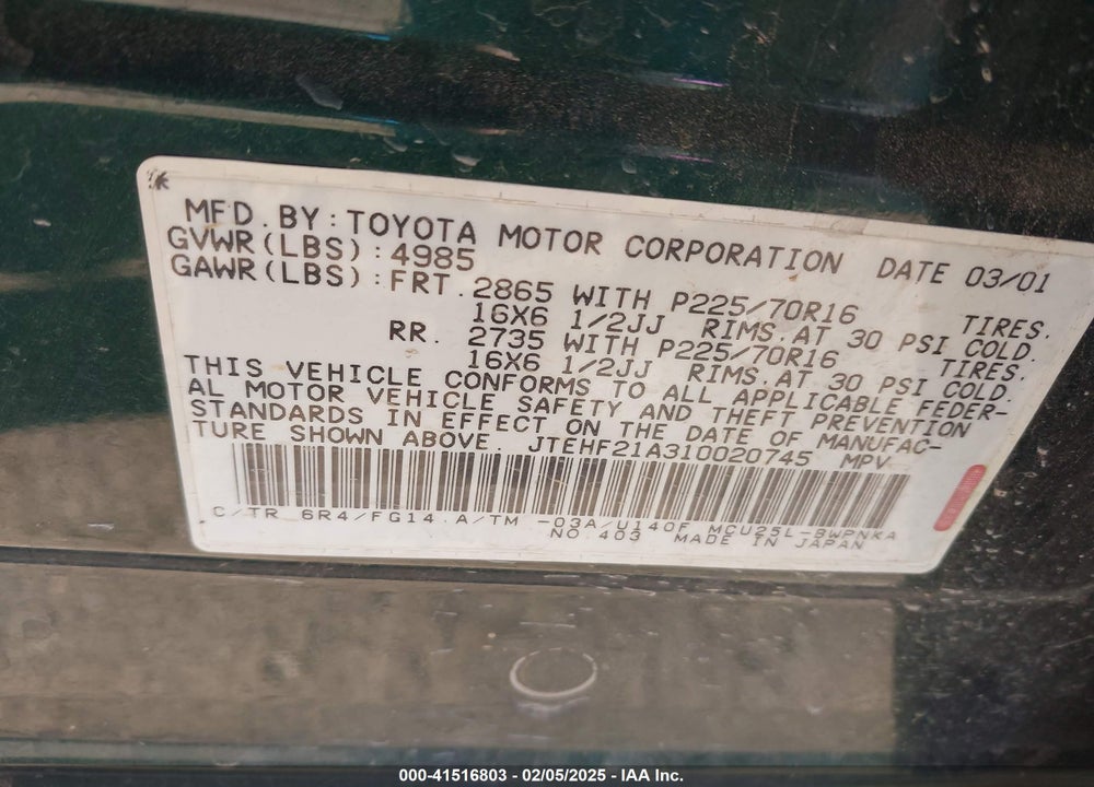 2001 TOYOTA HIGHLANDER V6 VIN: JTEHF21A310020745