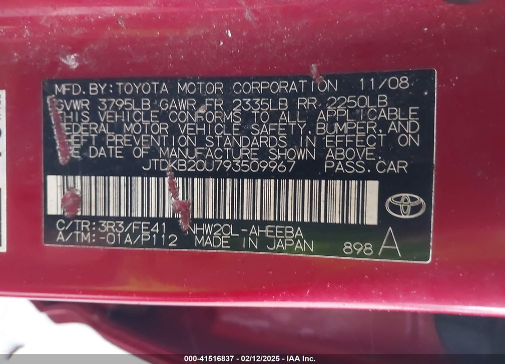 2009 TOYOTA PRIUS VIN: JTDKB20U793509967