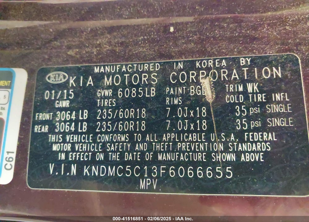 2015 KIA SEDONA SX VIN: KNDMC5C13F6066655