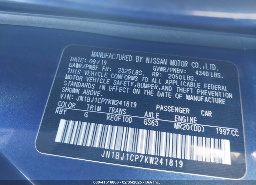 2019 NISSAN ROGUE SPORT VIN: JN1BJ1CP7KW241819
