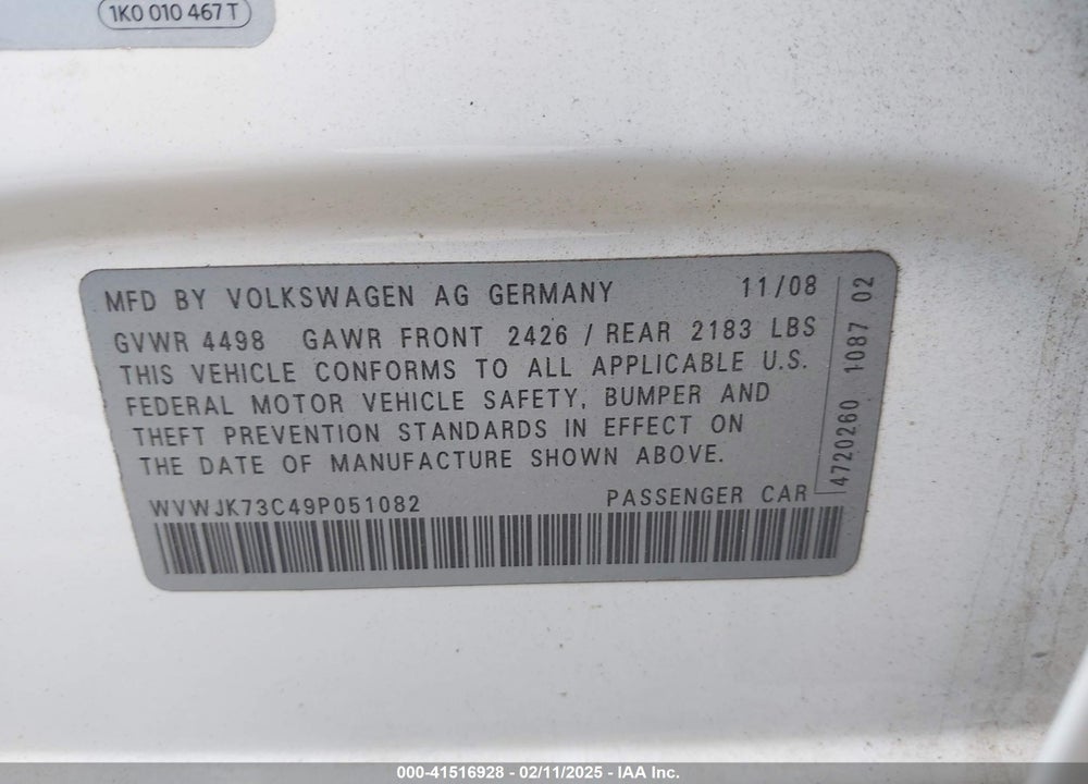 2009 VOLKSWAGEN PASSAT VIN: WVWJK73C49P051082