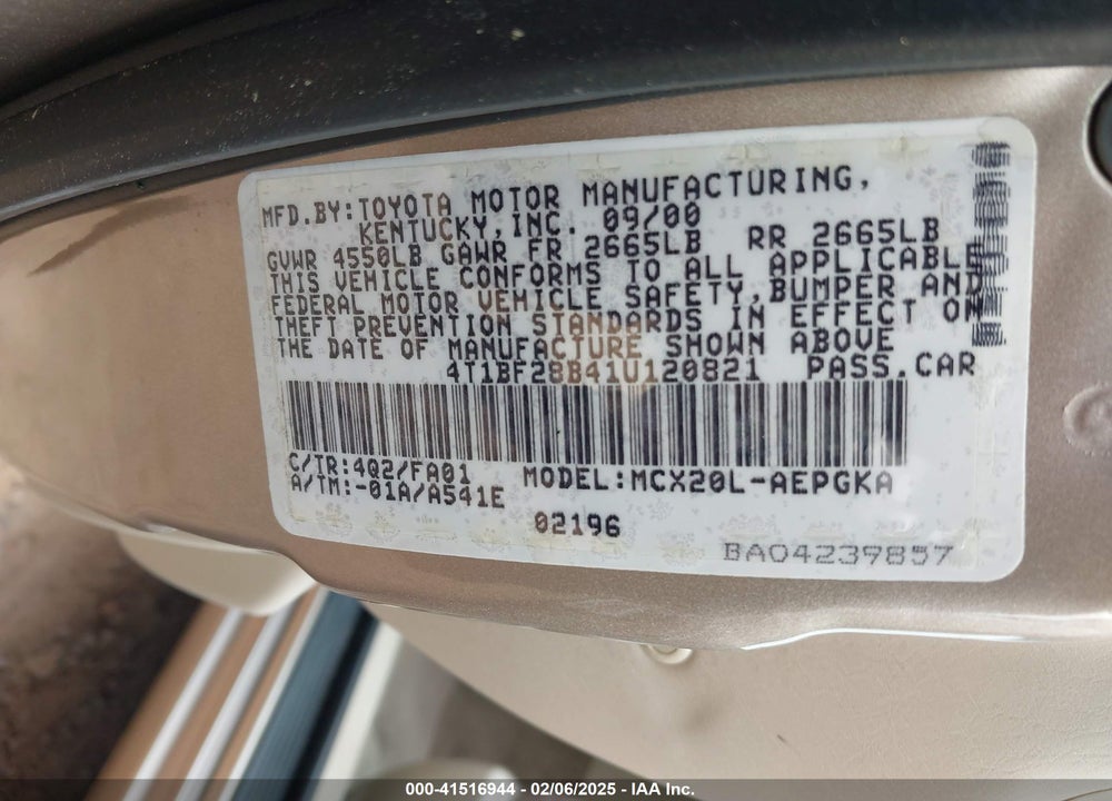 2001 TOYOTA AVALON XLS VIN: 4T1BF28B41U120821