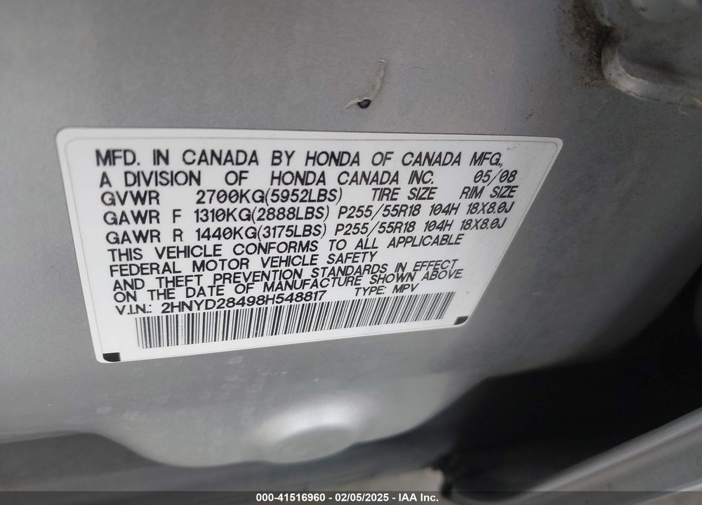 2008 ACURA MDX TECHNOLOGY PACKAGE VIN: 2HNYD28498H548817
