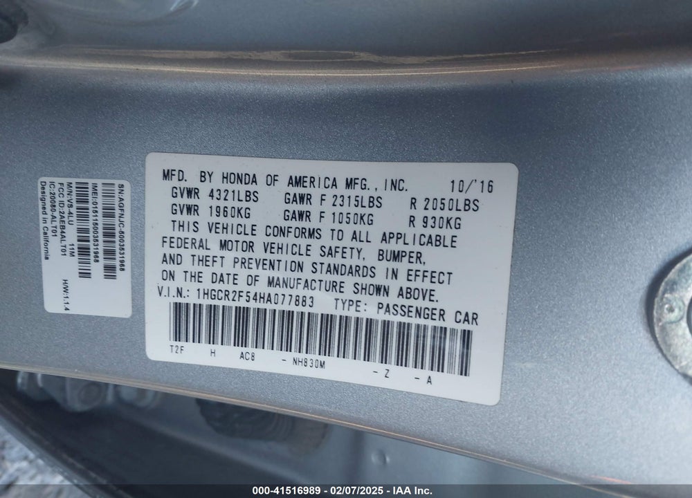 2017 HONDA ACCORD SPORT VIN: 1HGCR2F54HA077883