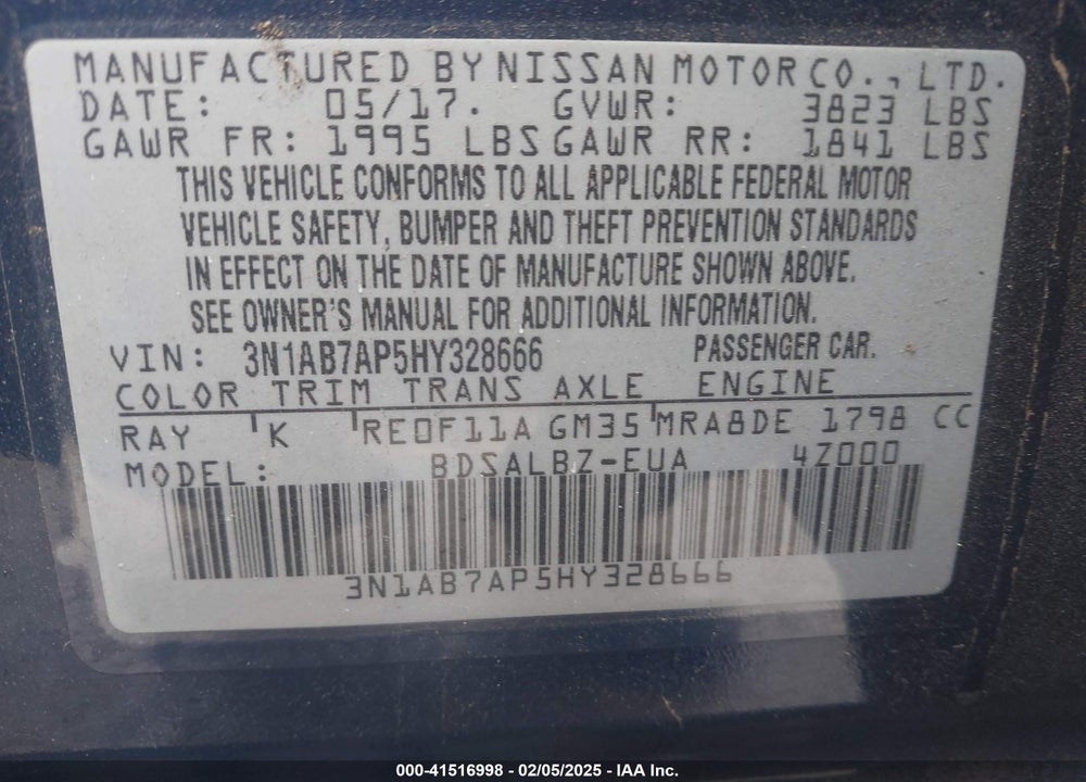 2017 NISSAN SENTRA VIN: 3N1AB7AP5HY328666