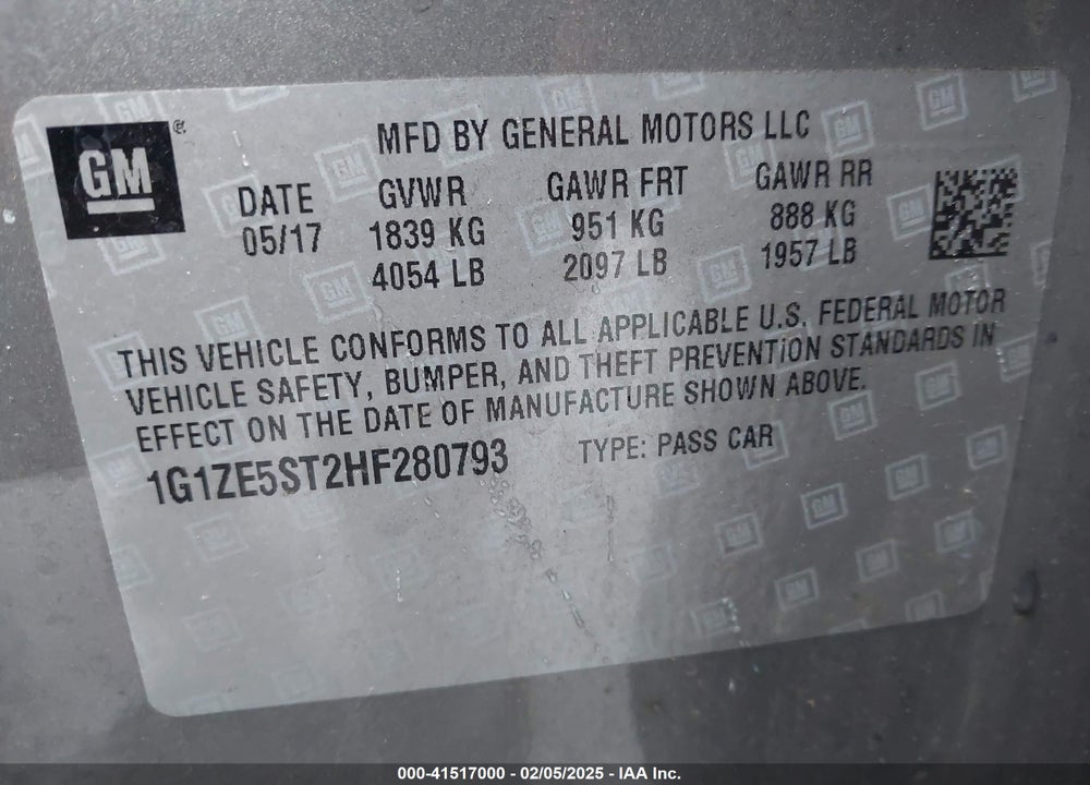 2017 CHEVROLET MALIBU VIN: 1G1ZE5ST2HF280793