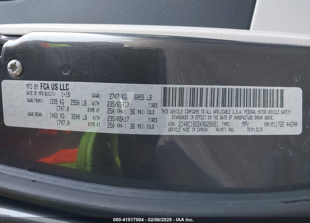 2019 CHRYSLER PACIFICA TOURING L VIN: 2C4RC1BG5KR629051