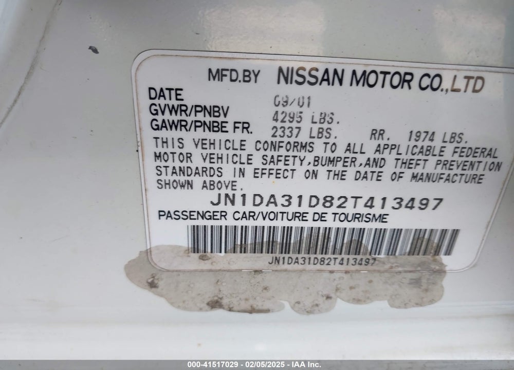 2002 NISSAN MAXIMA GXE VIN: JN1DA31D82T413497