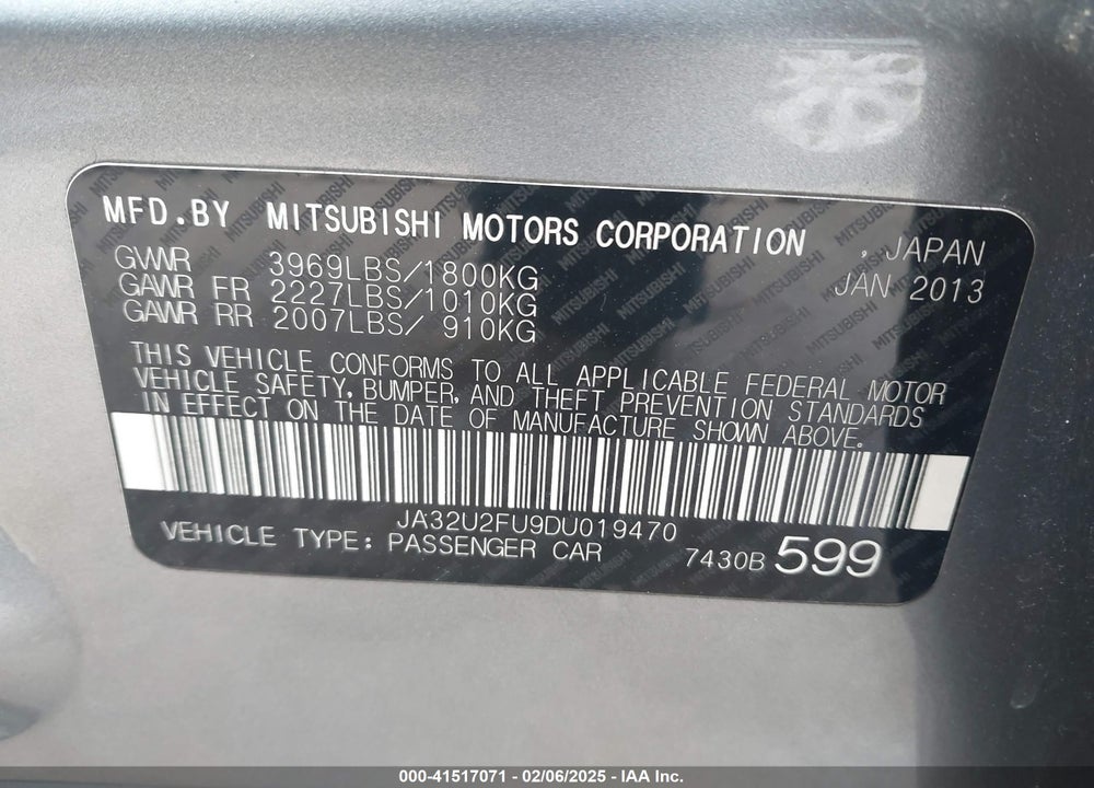 2013 MITSUBISHI LANCER VIN: JA32U2FU9DU019470