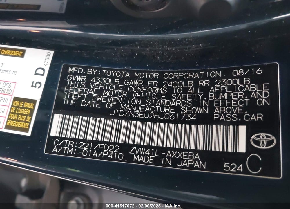 2017 TOYOTA PRIUS V VIN: JTDZN3EU2HJ061734