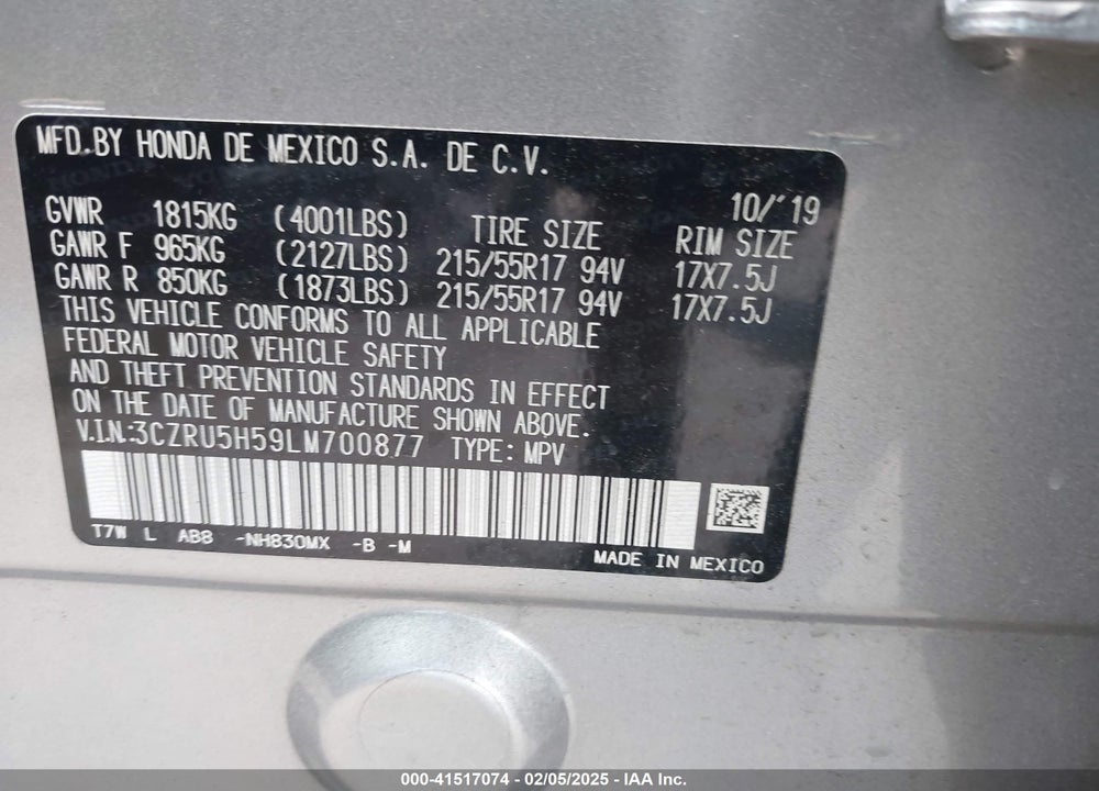 2020 HONDA HR-V VIN: 3CZRU5H59LM700877