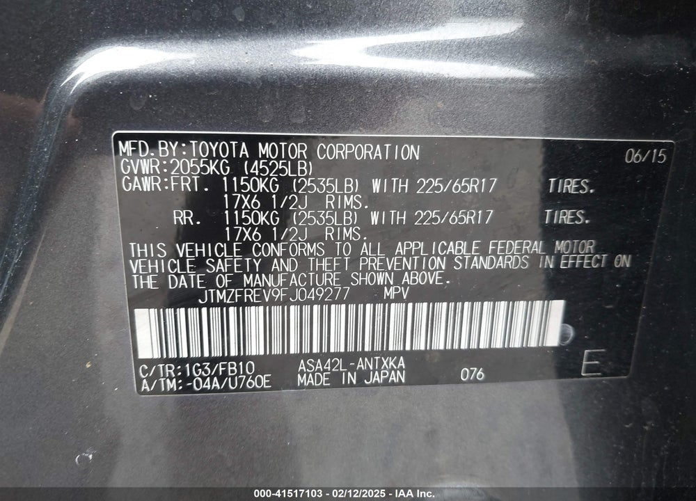2015 TOYOTA RAV4 VIN: JTMZFREV9FJ049277
