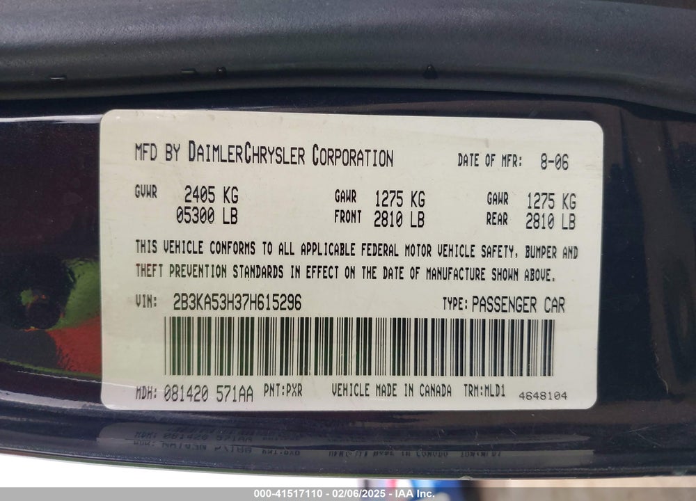 2007 DODGE CHARGER VIN: 2B3KA53H37H615296