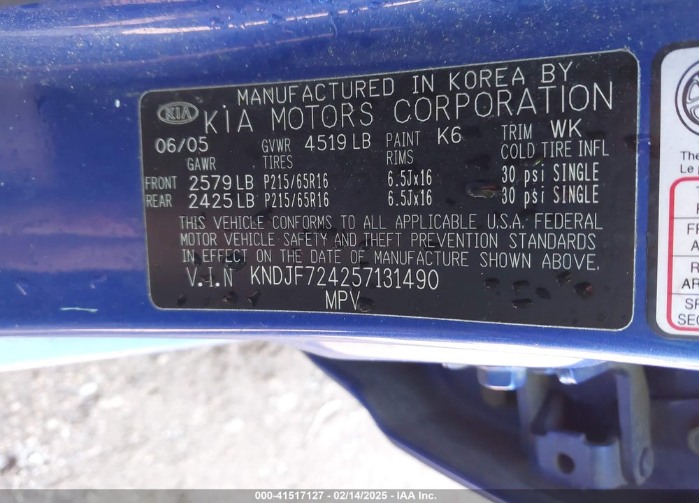 2005 KIA SPORTAGE VIN: KNDJF724257131490