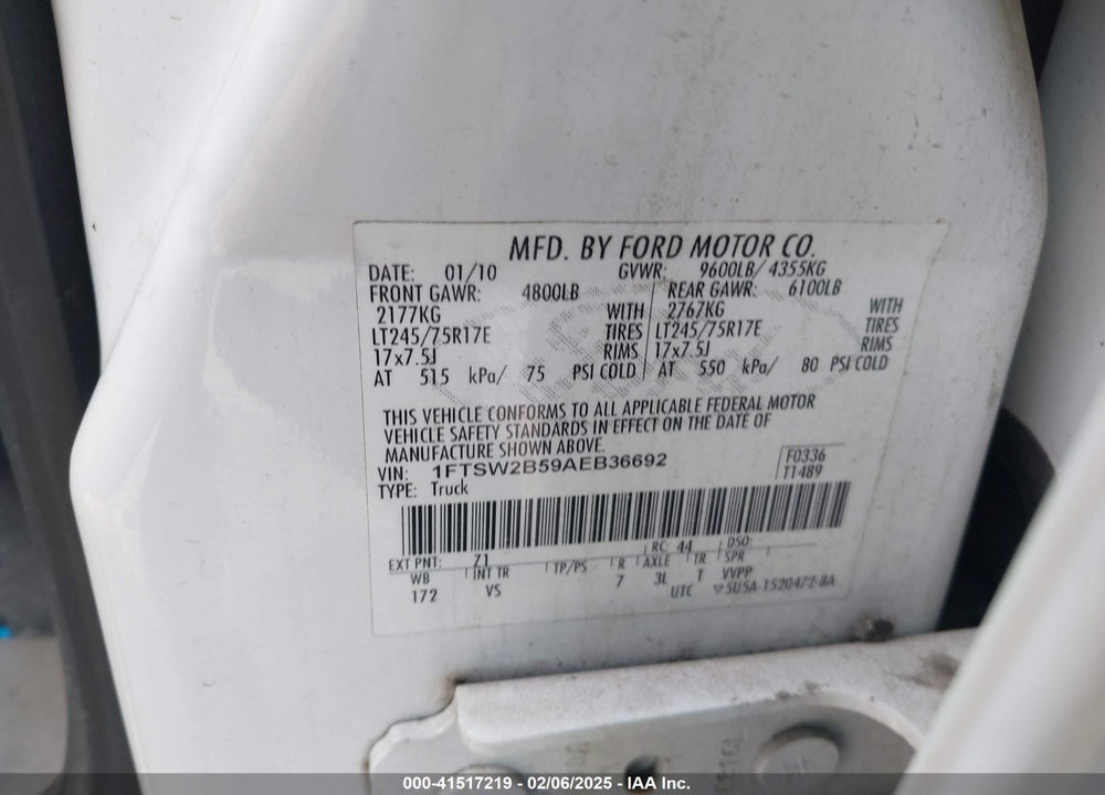 2010 FORD F250 VIN: 1FTSW2B59AEB36692