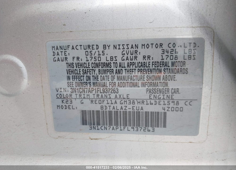 2015 NISSAN VERSA VIN: 3N1CN7AP1FL937263