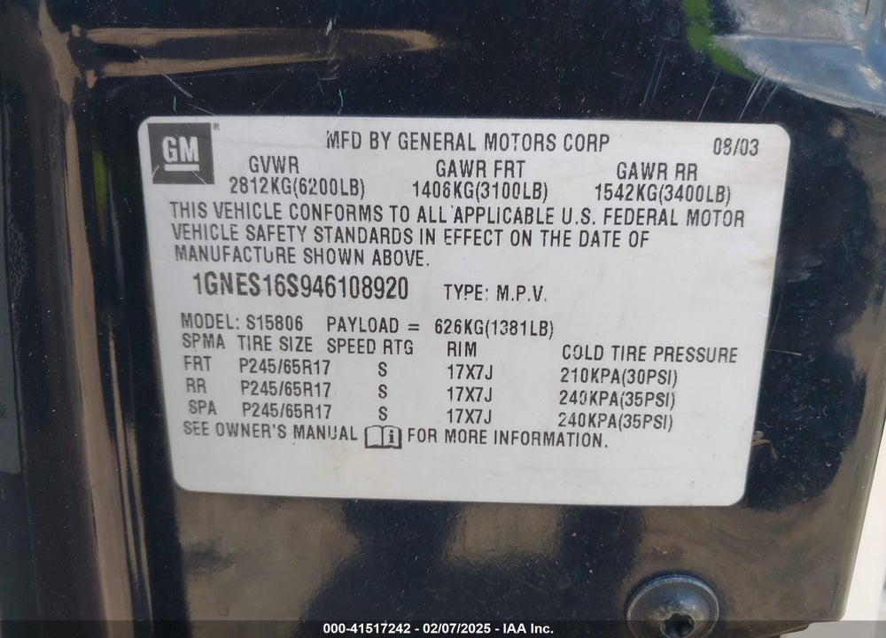 2004 CHEVROLET TRAILBLAZER EXT LS VIN: 1GNES16S946108920