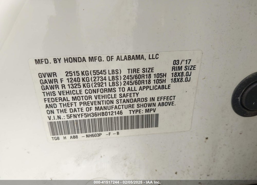 2017 HONDA PILOT EX VIN: 5FNYF5H36HB012146