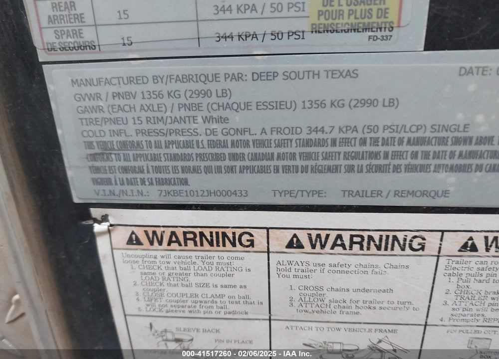 2018 DEEP SOUTH CARGO ENCLOSED CARGO VIN: 7JKBE1012JH000433