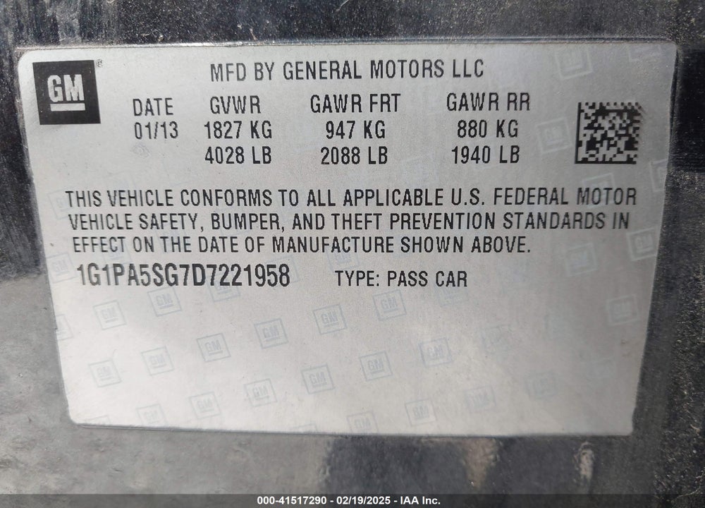2013 CHEVROLET CRUZE VIN: 1G1PA5SG7D7221958