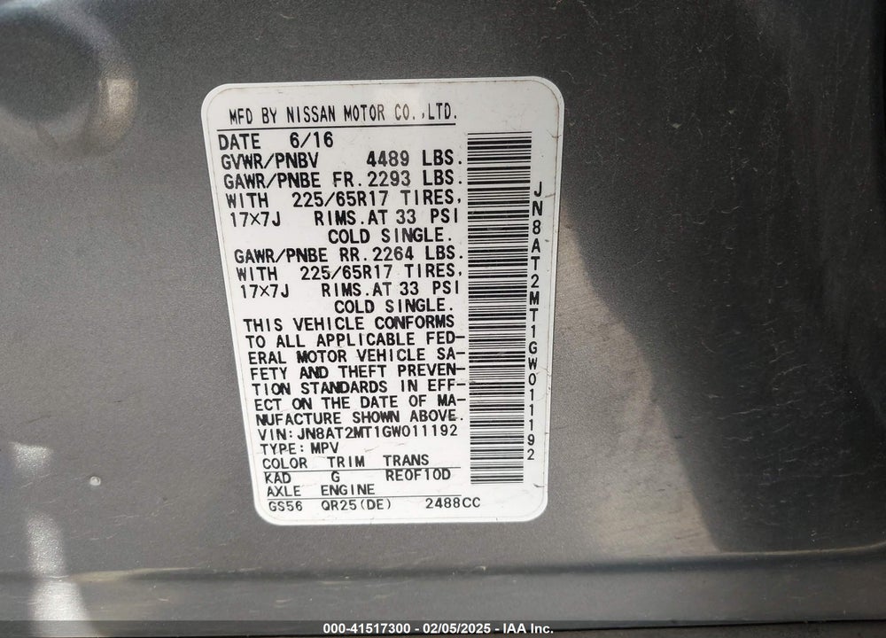 2016 NISSAN ROGUE S VIN: JN8AT2MT1GW011192