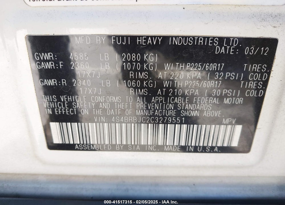 2012 SUBARU OUTBACK 2.5I LIMITED VIN: 4S4BRBJC2C3279551