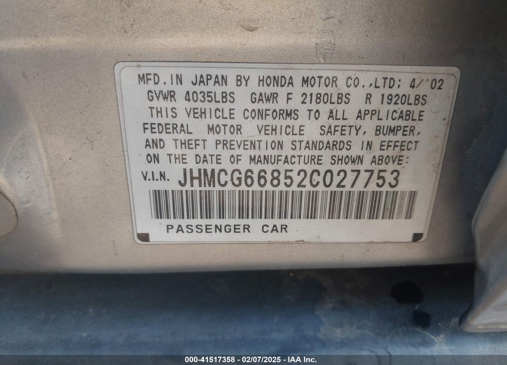 2002 HONDA ACCORD 2.3 EX/2.3 SE VIN: JHMCG66852C027753