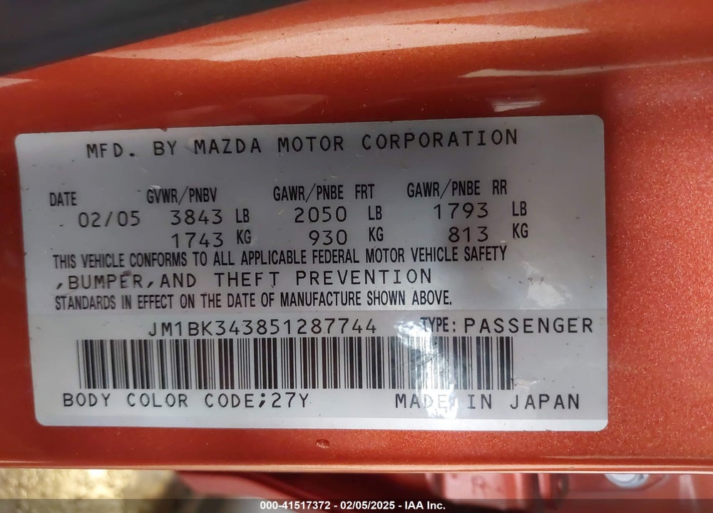 2005 MAZDA MAZDA3 VIN: JM1BK343851287744