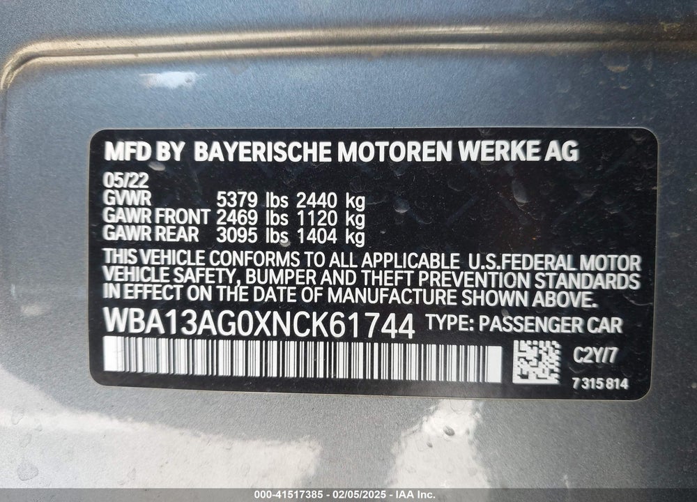 2022 BMW 530E VIN: WBA13AG0XNCK61744
