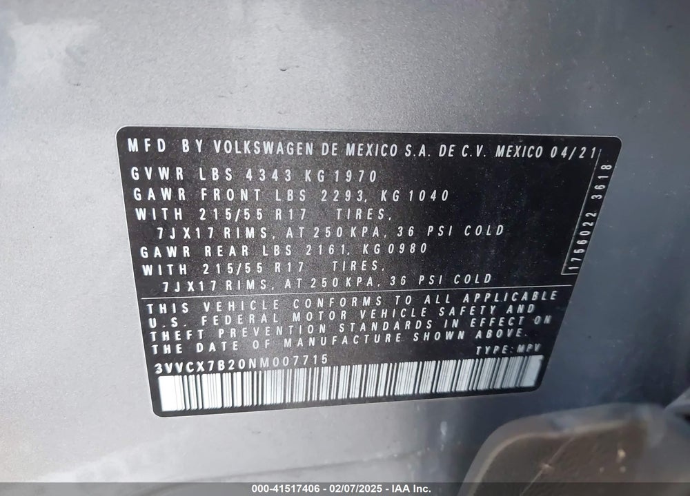 2022 VOLKSWAGEN TAOS VIN: 3VVCX7B20NM007715