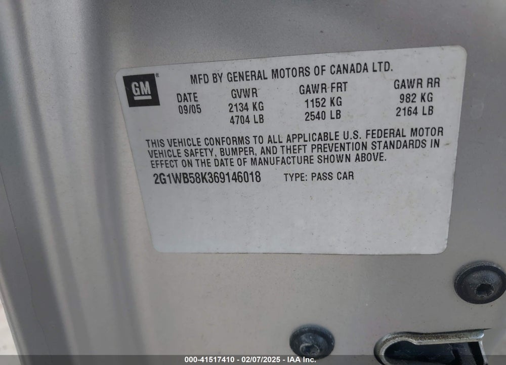 2006 CHEVROLET IMPALA VIN: 2G1WB58K369146018