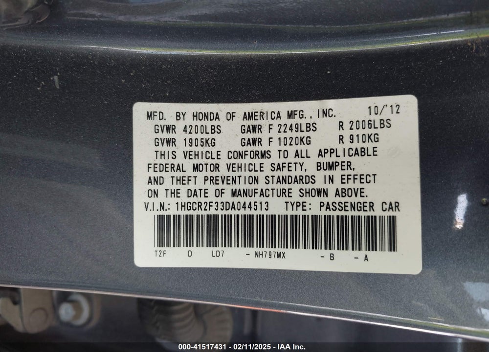 2013 HONDA ACCORD VIN: 1HGCR2F33DA044513