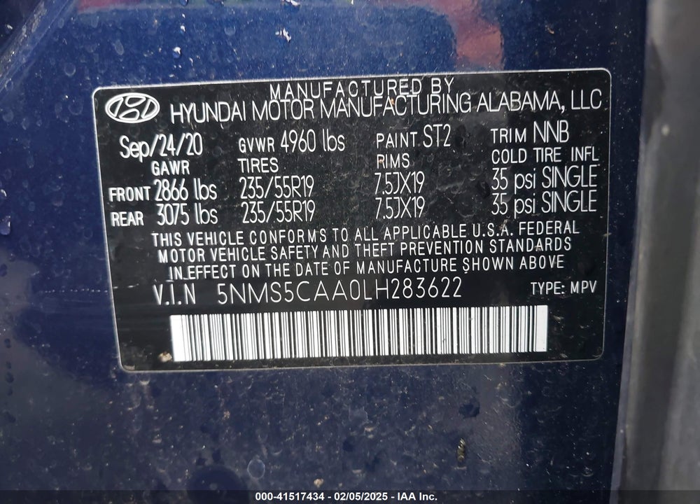 2020 HYUNDAI SANTA FE LIMITED 2.0T VIN: 5NMS5CAA0LH283622