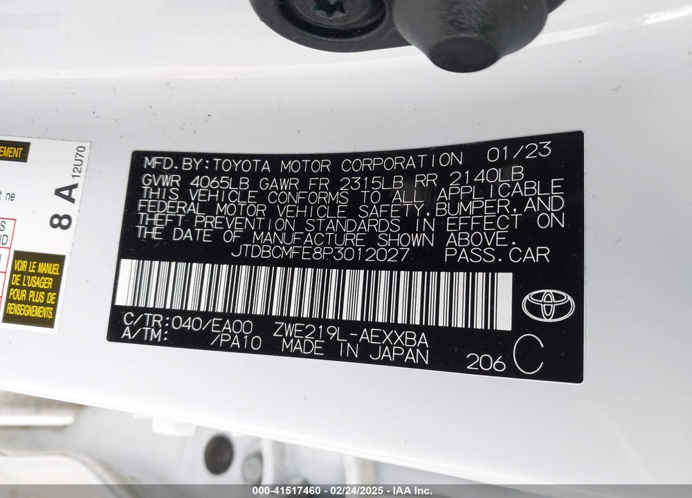 2023 TOYOTA COROLLA VIN: JTDBCMFE8P3012027