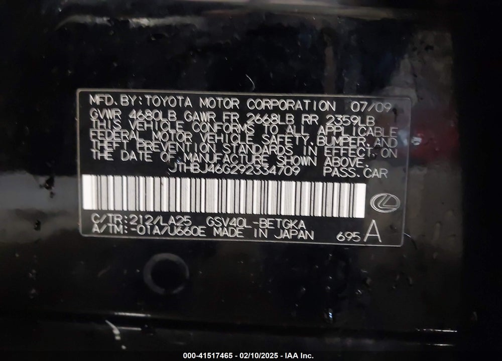 2009 LEXUS ES 350 VIN: JTHBJ46G292334709