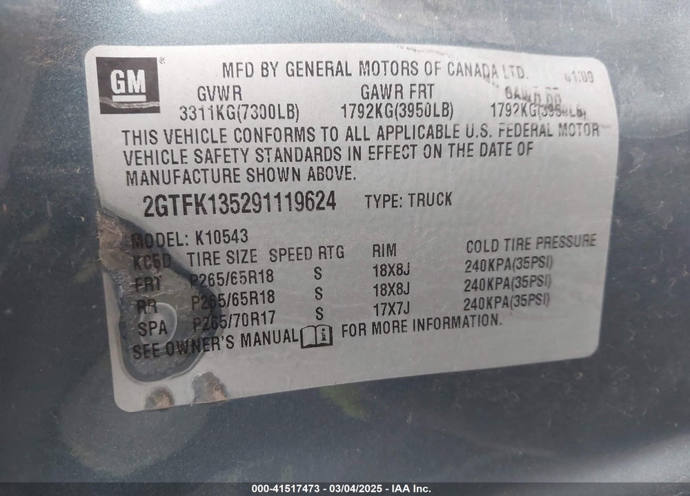 2009 GMC SIERRA 1500 HYBRID 3HB VIN: 2GTFK135291119624