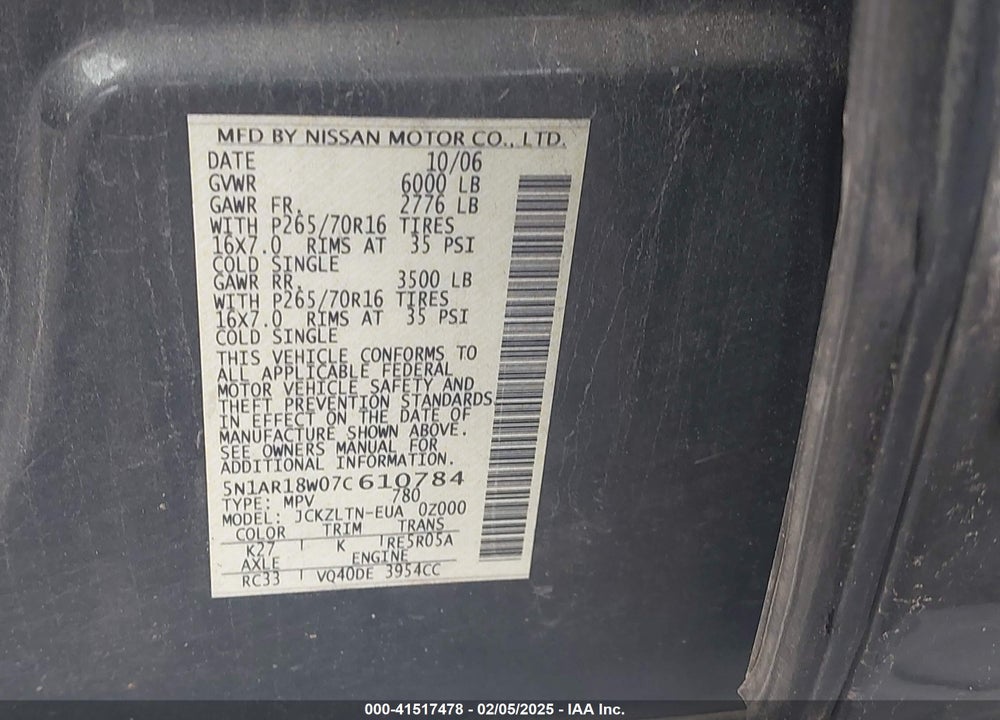 2007 NISSAN PATHFINDER SE VIN: 5N1AR18W07C610784