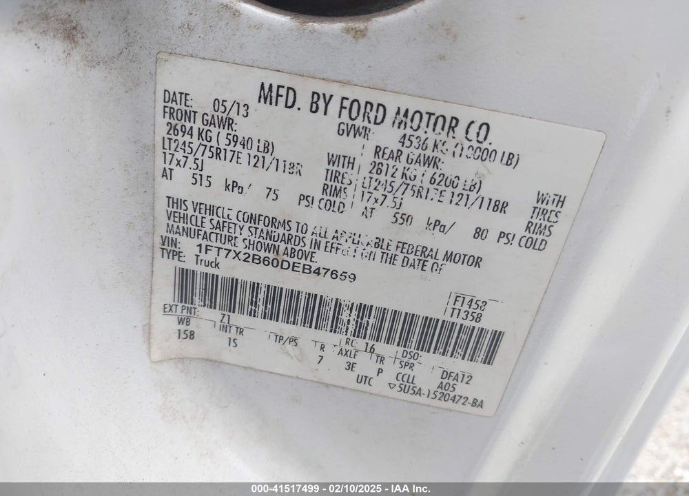 2013 FORD F-250 VIN: 1FT7X2B60DEB47659