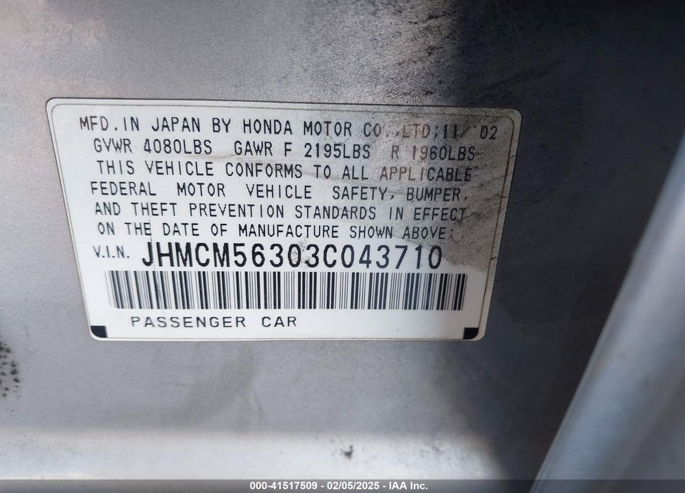 2003 HONDA ACCORD 2.4 LX VIN: JHMCM56303C043710