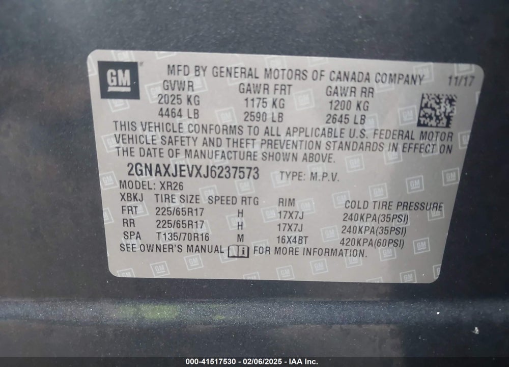2018 CHEVROLET EQUINOX LT VIN: 2GNAXJEVXJ6237573