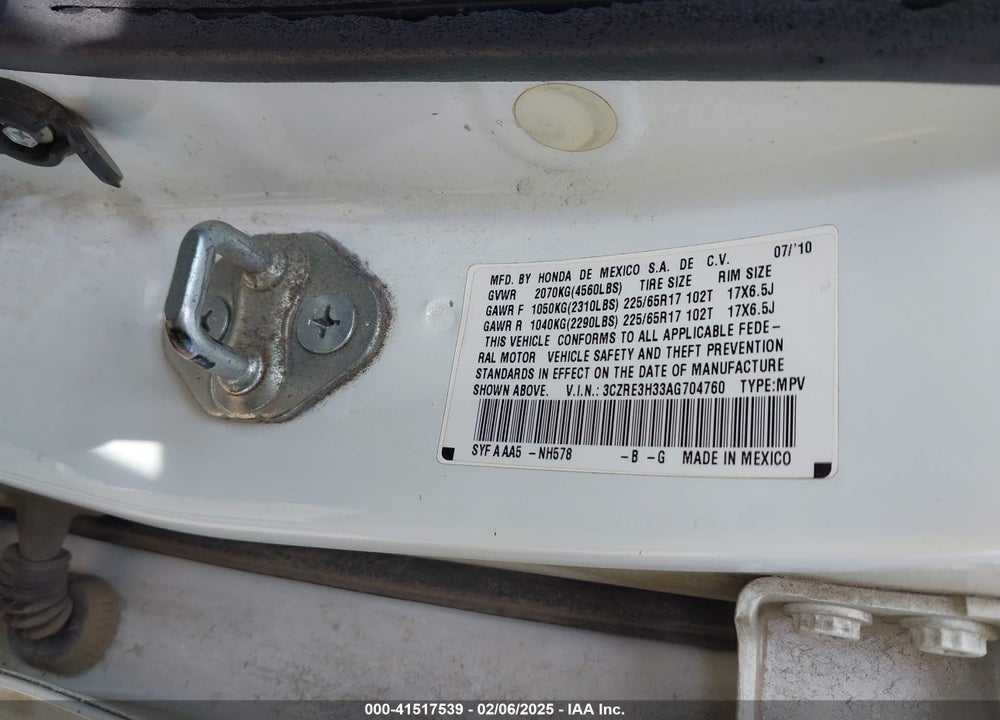 2010 HONDA CR-V LX VIN: 3CZRE3H33AG704760