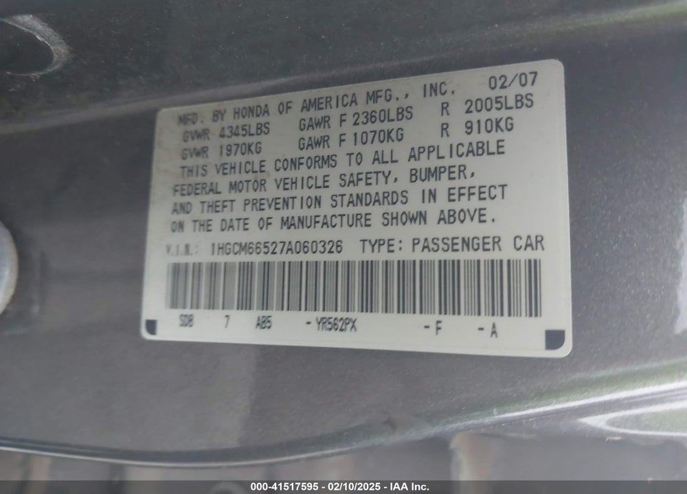 2007 HONDA ACCORD VIN: 1HGCM66527A060326