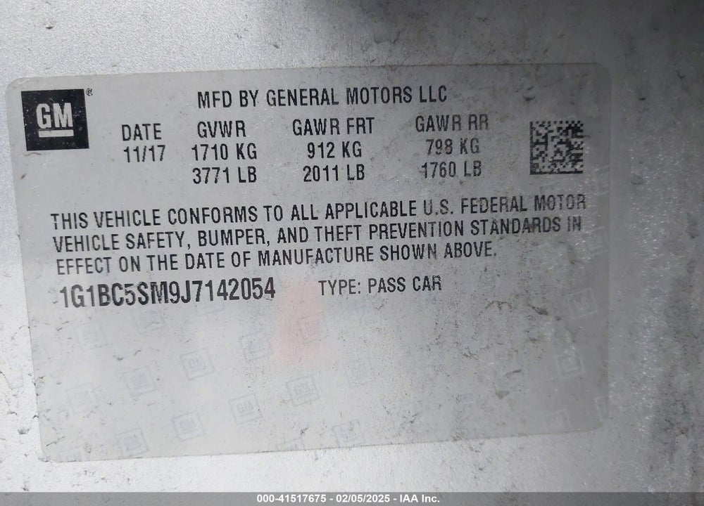 2018 CHEVROLET CRUZE VIN: 1G1BC5SM9J7142054