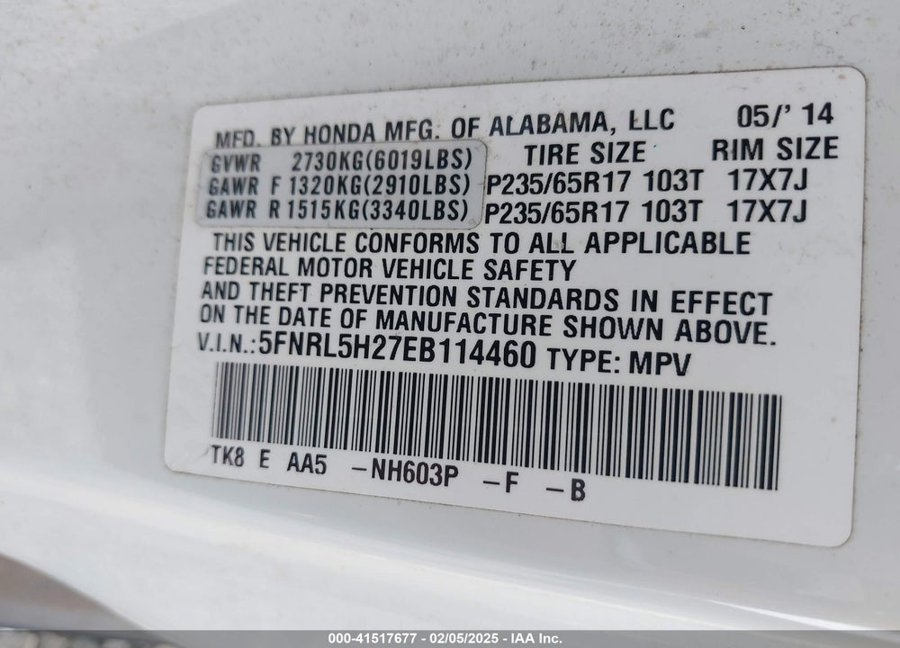2014 HONDA ODYSSEY LX VIN: 5FNRL5H27EB114460