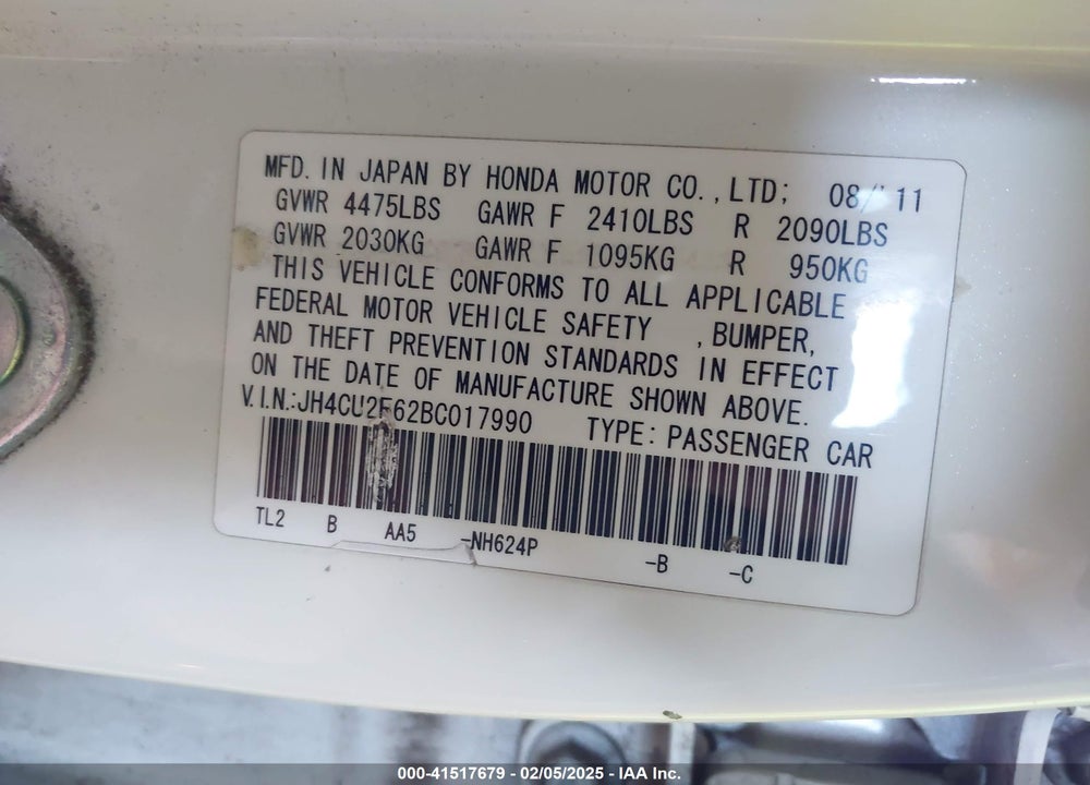 2011 ACURA TSX 2.4 VIN: JH4CU2F62BC017990