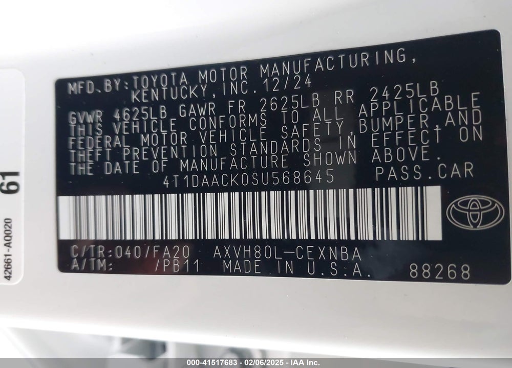 2025 TOYOTA CAMRY LE VIN: 4T1DAACK0SU568645