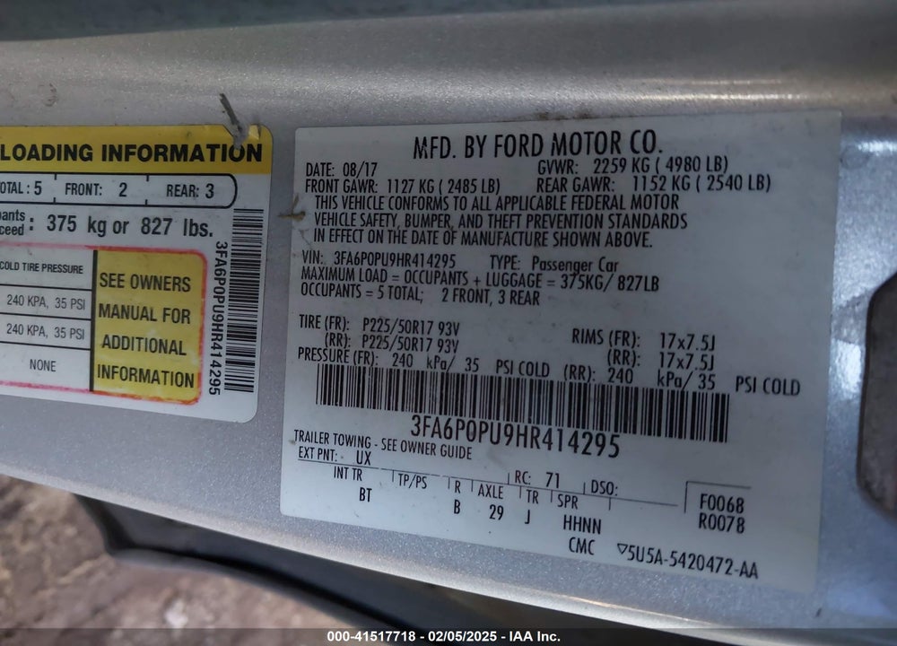 2017 FORD FUSION ENERGI VIN: 3FA6P0PU9HR414295